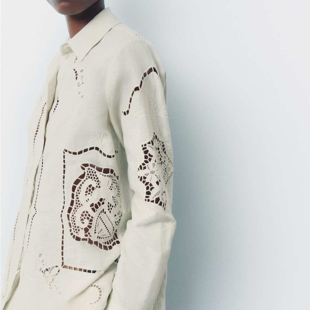 ZARA COTTON LINEN BLEND CUT OUT EYELET EMBROIDERED TOP ZW COLLECTION M